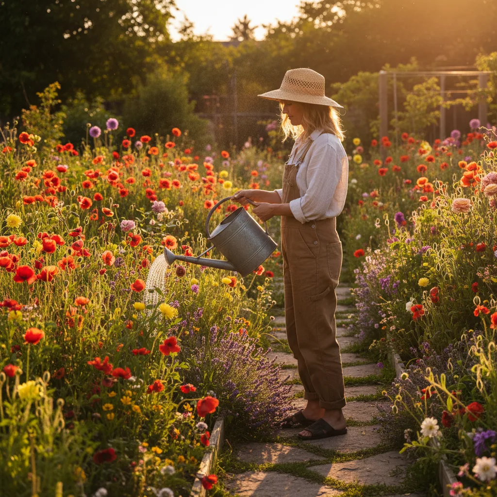 Jardinière arrosant ses massifs fleuris